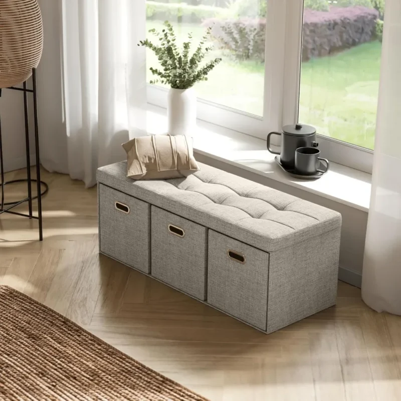 Modern Tufted Linen Storage Ottoman Bench with 3 Drawer Cubes for Living Room - Image 4