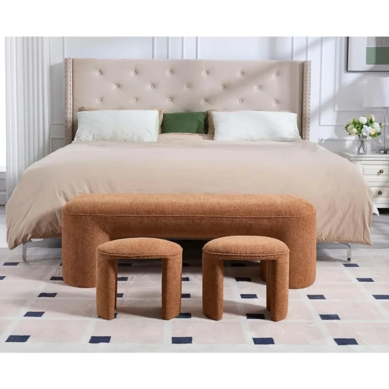 Elegant Chenille Upholstered Storage Bench Set with 2 Stools for Entryway and Bedroom - Image 6