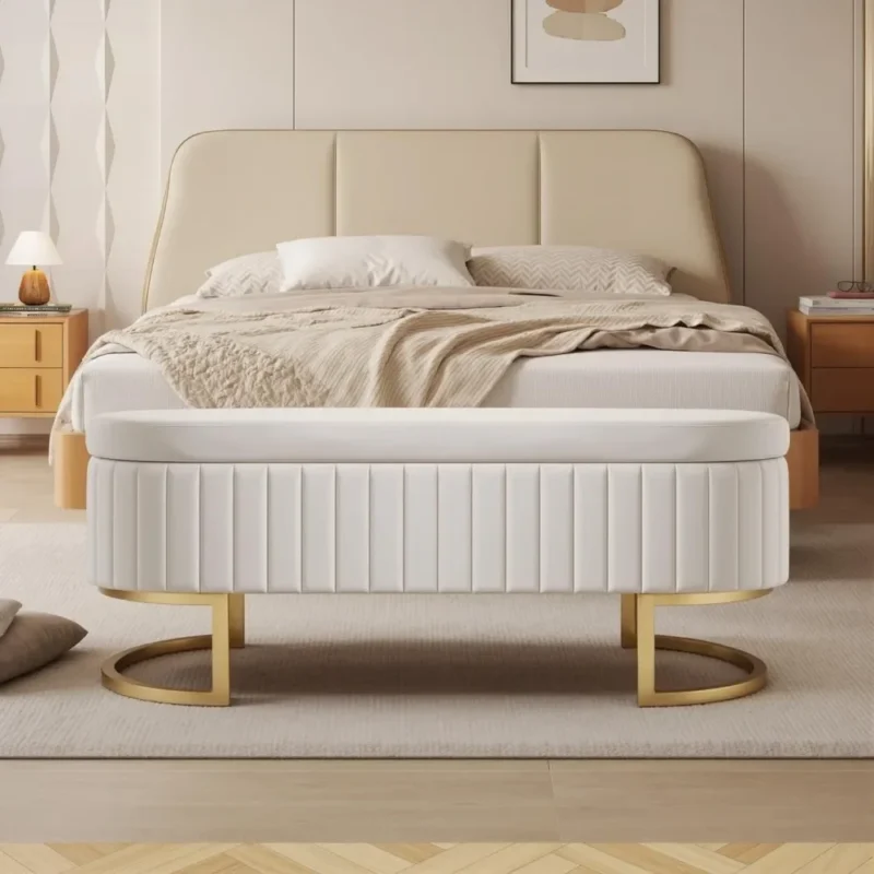 Modern Velvet Upholstered Storage Bench with Gold Legs for Entryway and Living Room