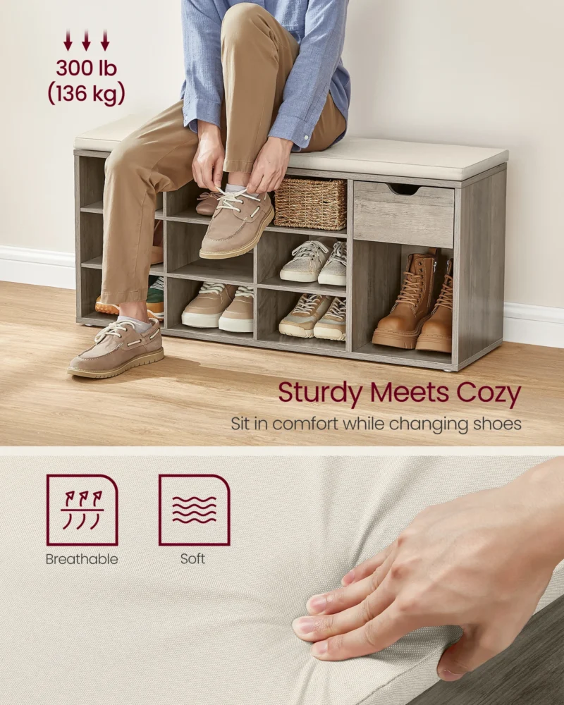 Modern Wooden Entryway Storage Bench with Cushion and Drawer for Living Room - Image 3