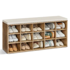 Modern Wooden Entryway Bench with Padded Seat and 15 Shoe Compartments