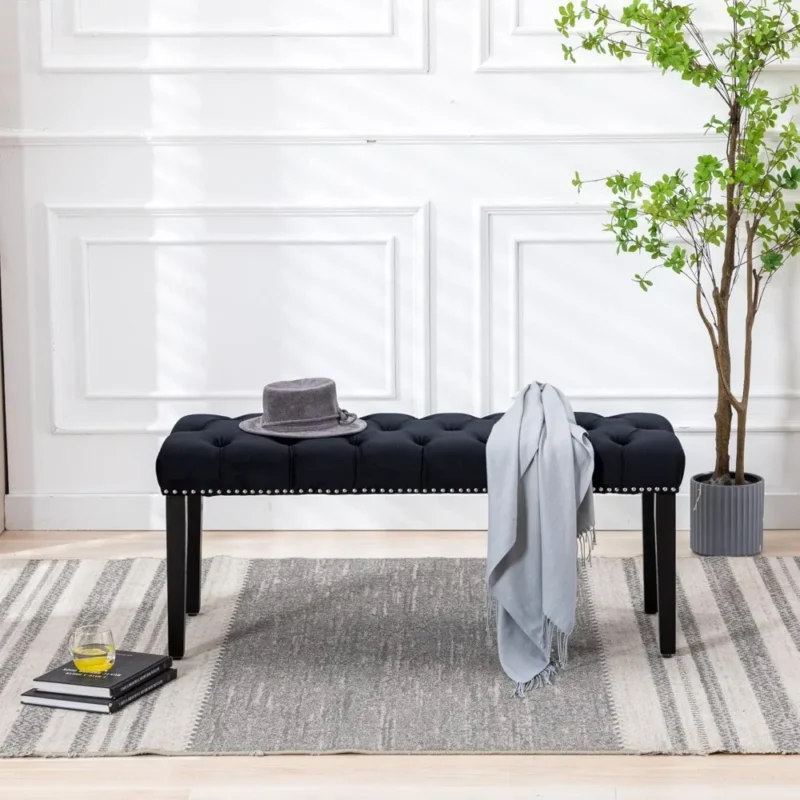 Modern Velvet Button-Tufted Ottoman Bench with Rubberwood Frame for Living Room and Entryway - Image 6