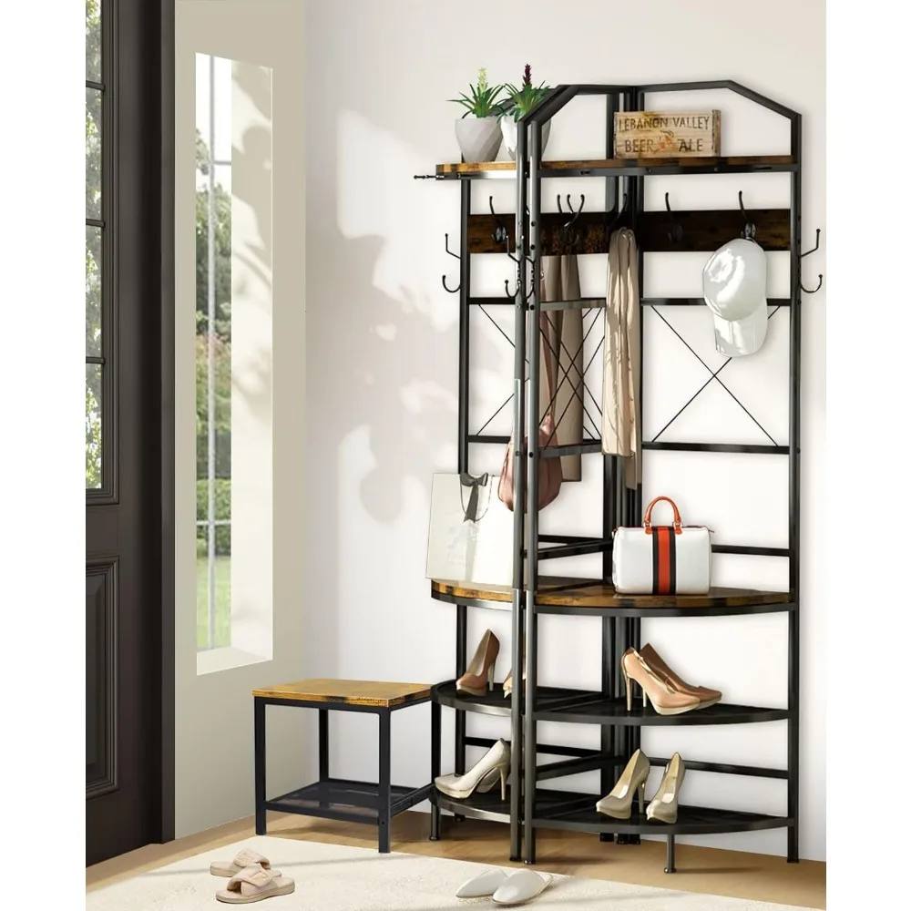 Space-saving corner hall tree with bench and integrated storage for maximizing vertical space