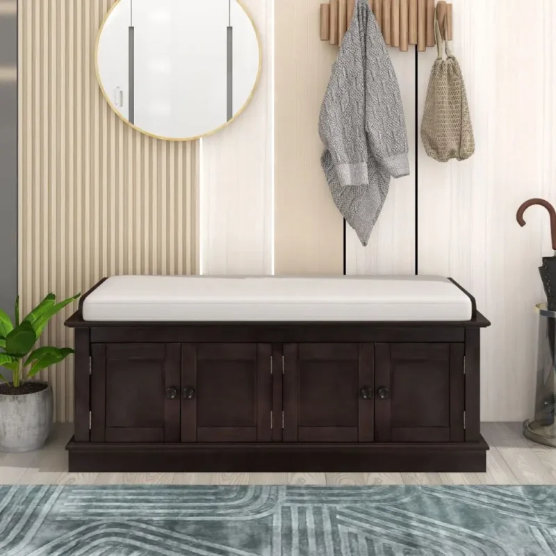 Espresso Wood Entryway Shoe Storage Bench with 4 Doors and Cushioned Seat - Image 2