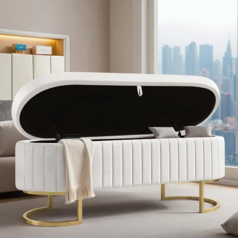 Modern Velvet Upholstered Storage Bench with Gold Legs for Entryway and Living Room - Image 3