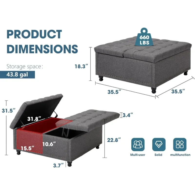 Modern Linen Square Storage Ottoman with Lift Top for Living Room - Image 2