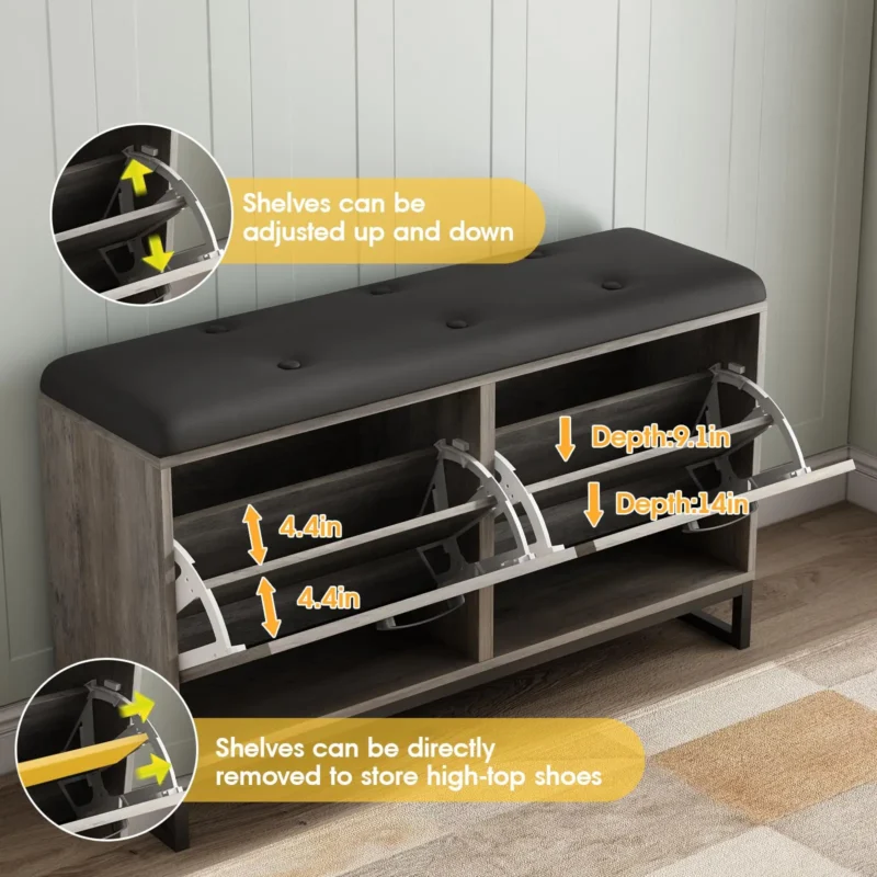 Modern Wooden Hall Tree Bench with Padded Cushion and Shoe Storage for Entryway - Image 6