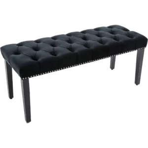Modern Velvet Button-Tufted Ottoman Bench with Rubberwood Frame for Living Room and Entryway