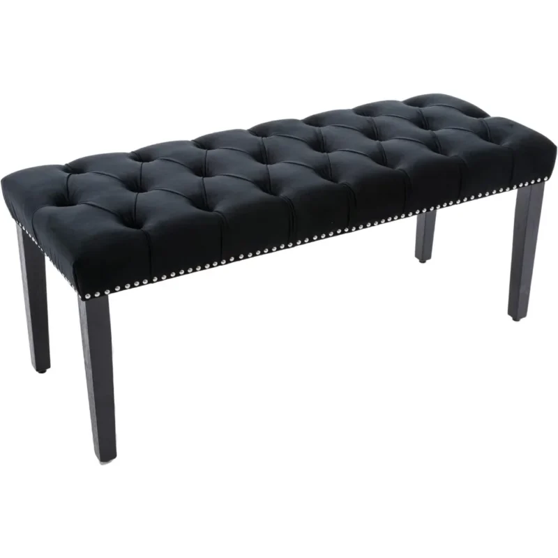 Modern Velvet Button-Tufted Ottoman Bench with Rubberwood Frame for Living Room and Entryway