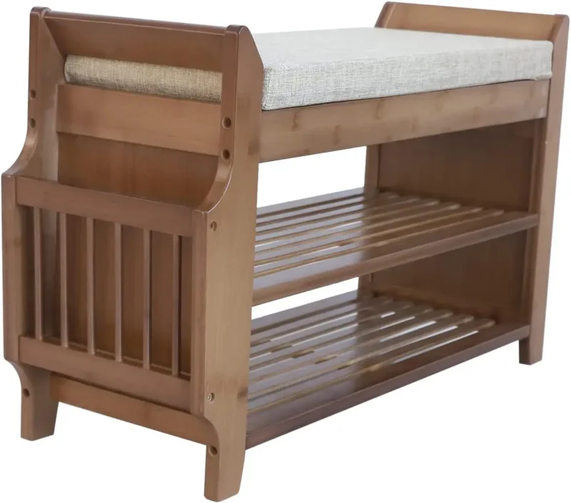 Bamboo Entryway Bench with Cushion Storage Drawer and Shoe Rack for Living Room - Image 3