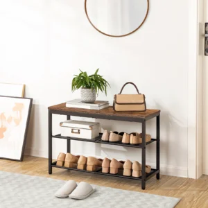 Industrial 3-Tier Shoe Storage Bench with Metal Frame for Entryway and Mudroom