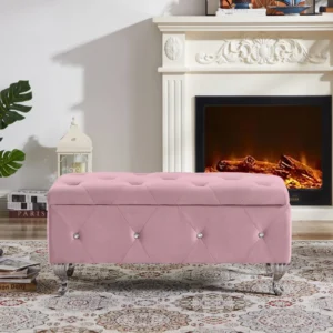 Pink Velvet Flip Top Entryway Bench with Storage for Bedroom and Hallway