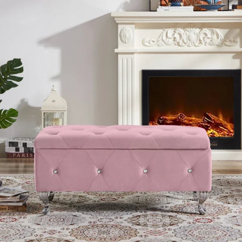 Pink Velvet Flip Top Entryway Bench with Storage for Bedroom and Hallway