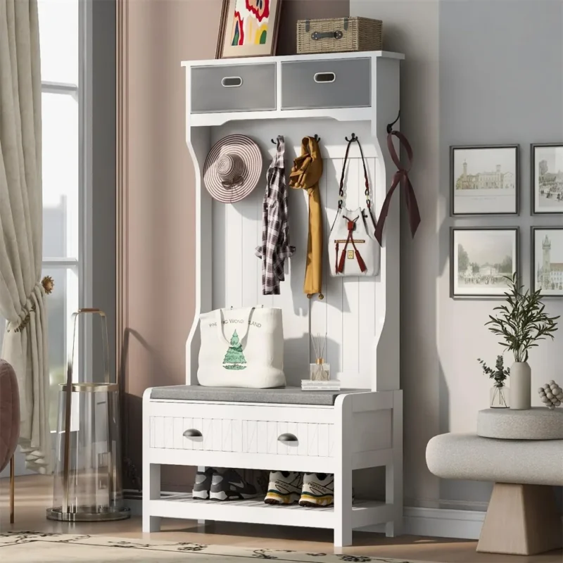 Rustic Hall Tree with Metal Hooks and Storage Drawers for Entryway Organization