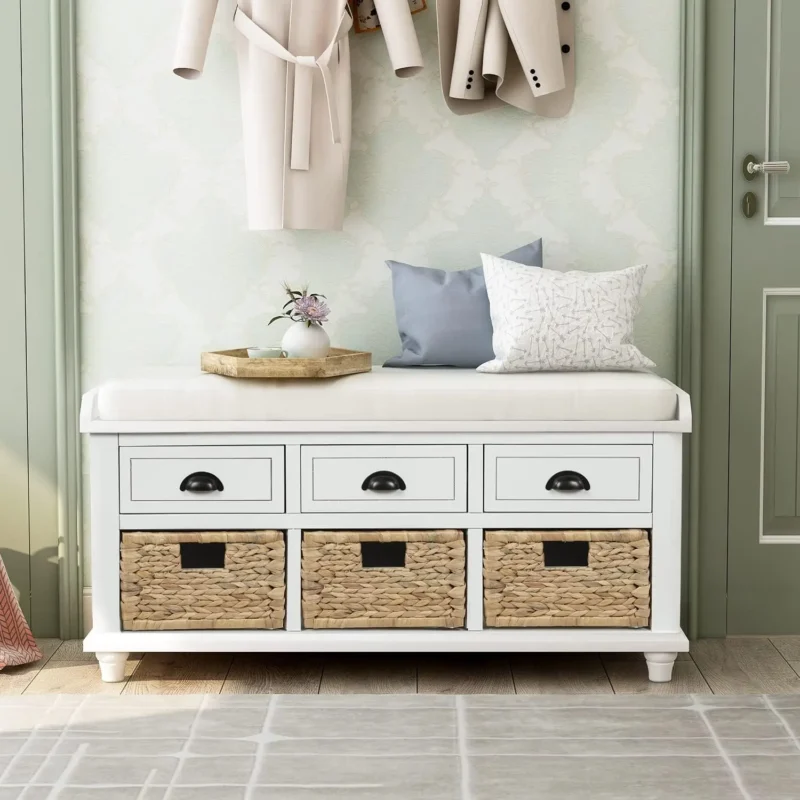 Modern Storage Bench with Drawers, Baskets and Cushion for Entryway and Bedroom - Image 3