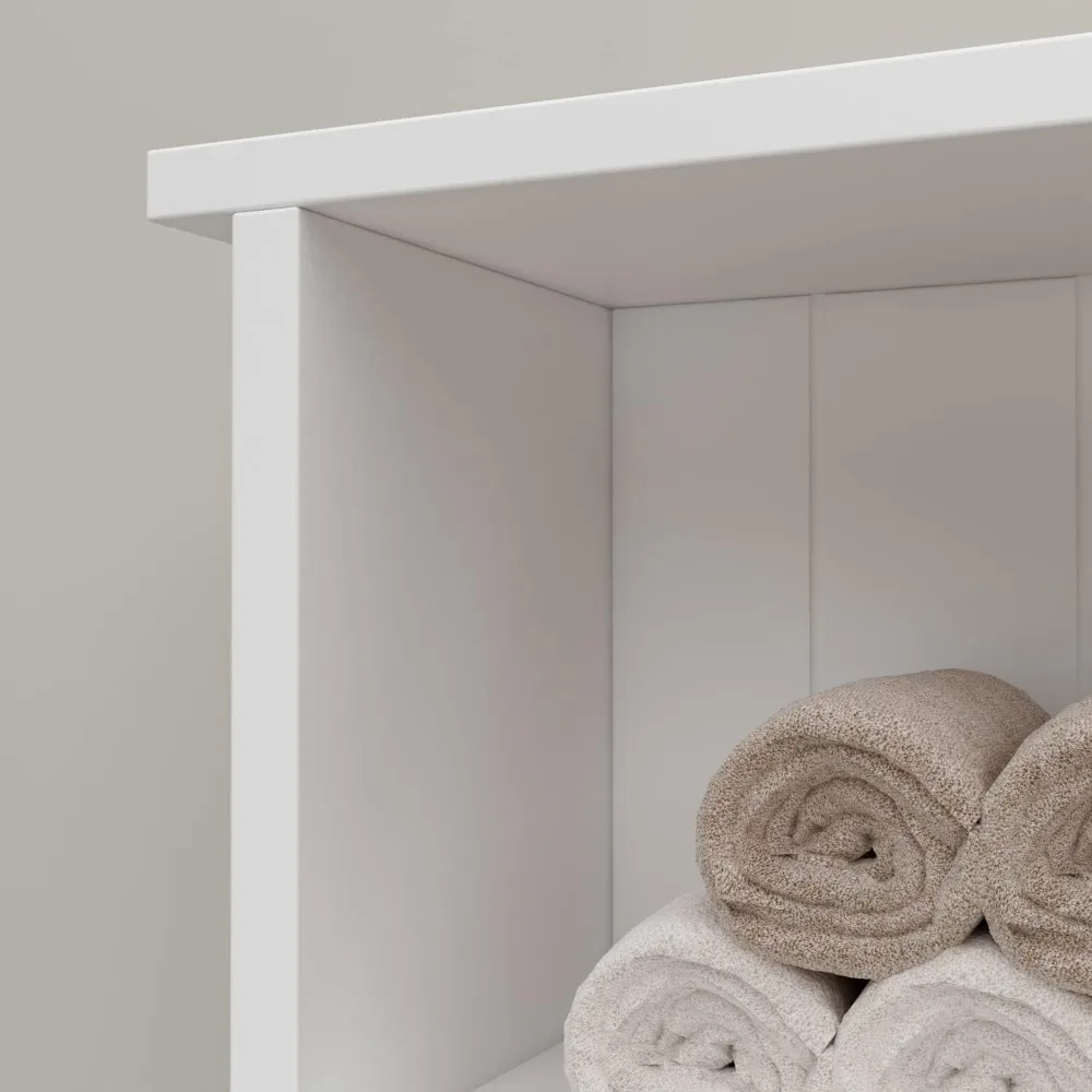 Modern white hall tree with integrated bench, coat hooks and storage for entryway organization