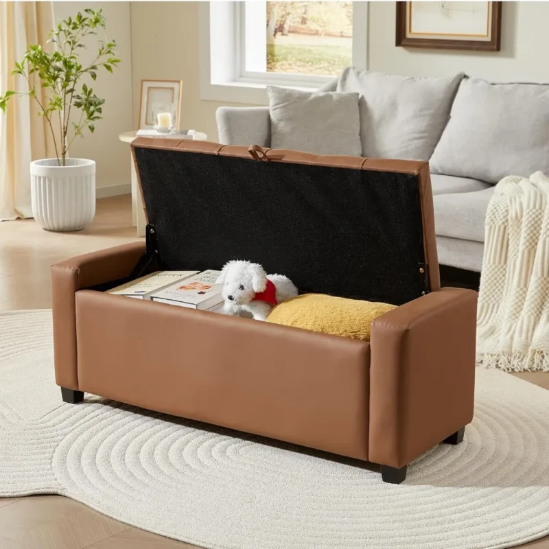 Modern Linen Upholstered Storage Ottoman Bench with Tufted Top for Bedroom and Entryway - Image 3