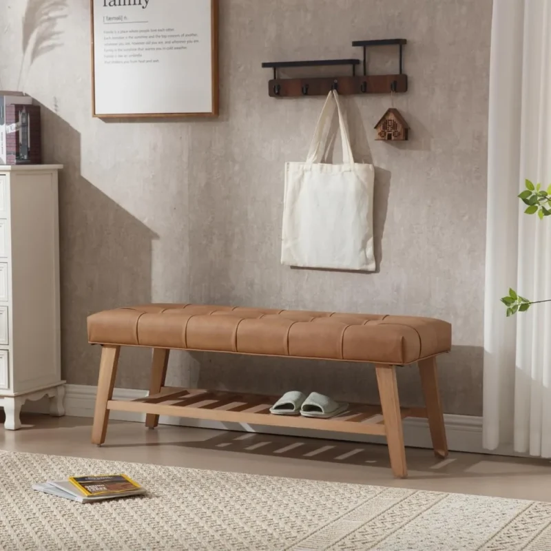 Modern Brown Leather Upholstered Entryway Bench with Shoe Storage for Living Room and Bedroom - Image 3