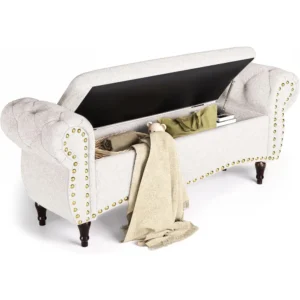 Modern Upholstered Storage Ottoman Bench with Rolled Arms for Living Room and Bedroom