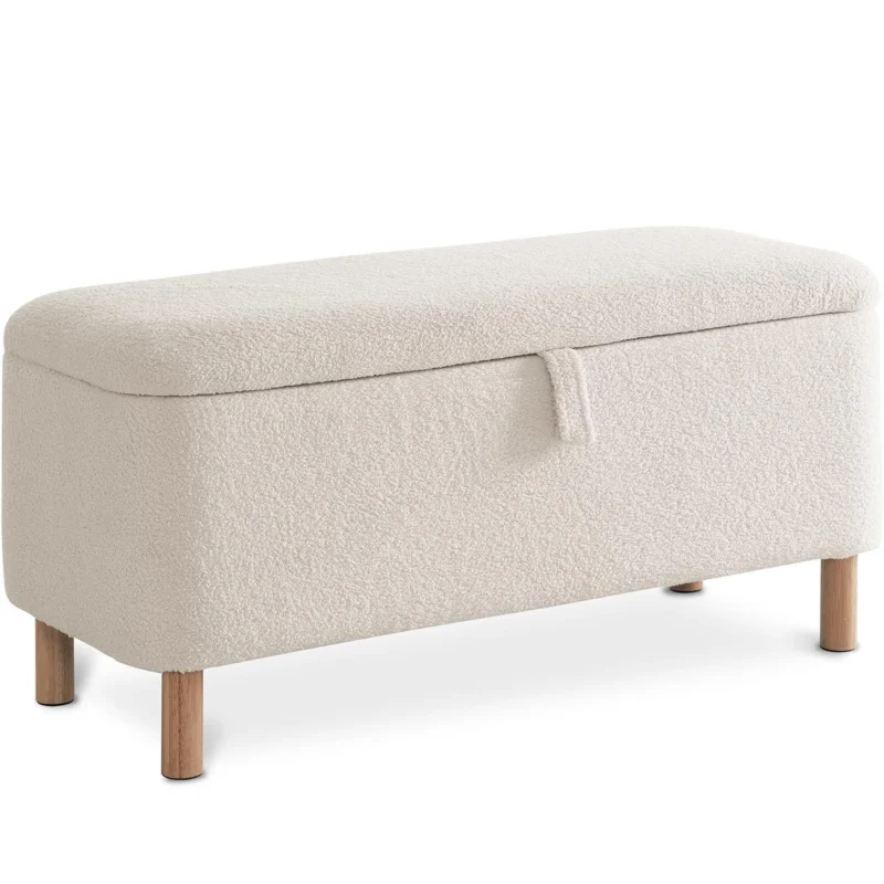 Modern Boucle Storage Ottoman Bench with Sherpa Upholstery for Bedroom and Entryway