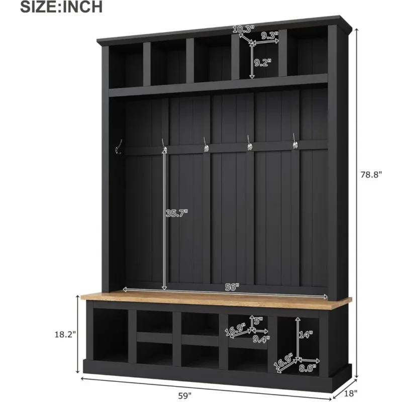 Tall Wood Hall Tree Storage Bench with Coat Hooks for Entryway Organization - Image 2