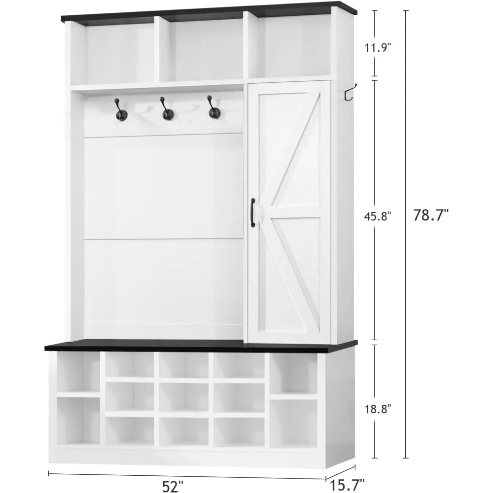 Farmhouse white hall tree with integrated bench and storage compartments
