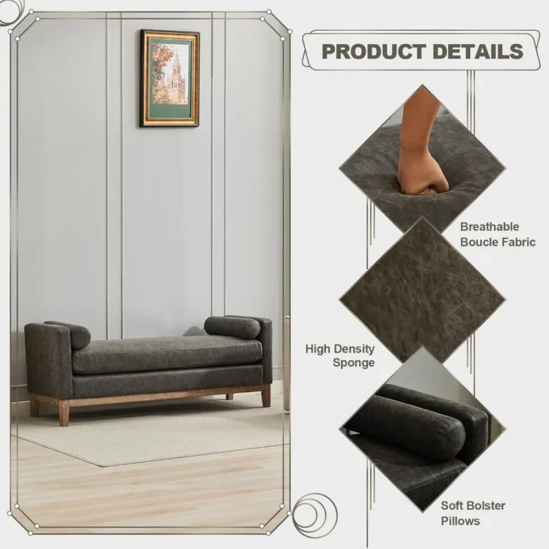 Modern Grey Upholstered Entryway Bench with Bolster Pillows and Wood Legs - Image 3