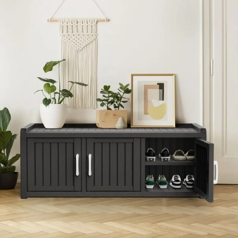 Industrial Black Entryway Bench with Three-Door Shoe Storage for Hallway - Image 2