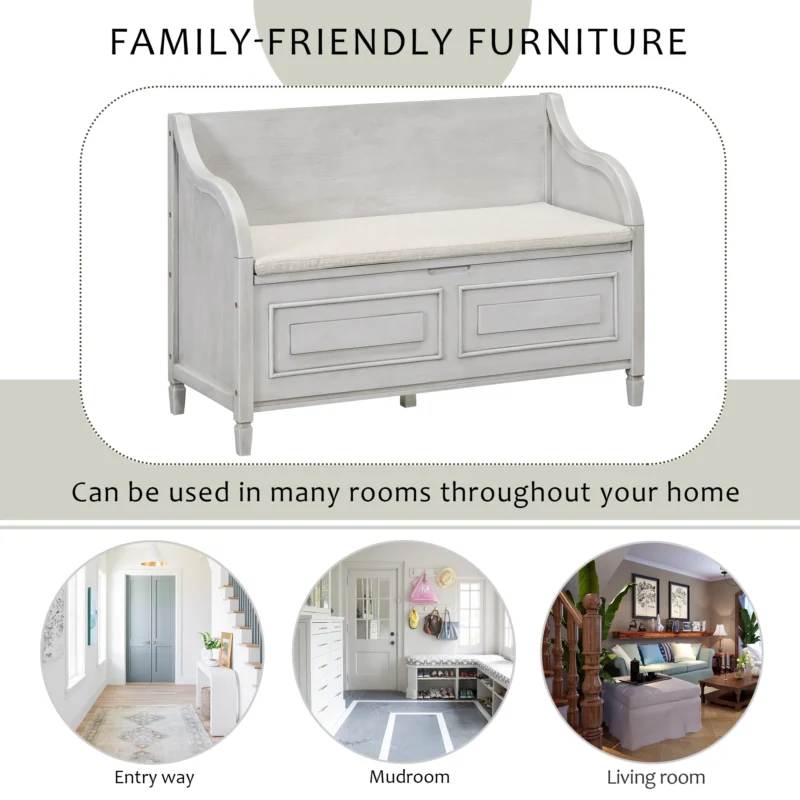Rustic Wooden Entryway Bench with Shoe Storage and Cushioned Seat - Image 4