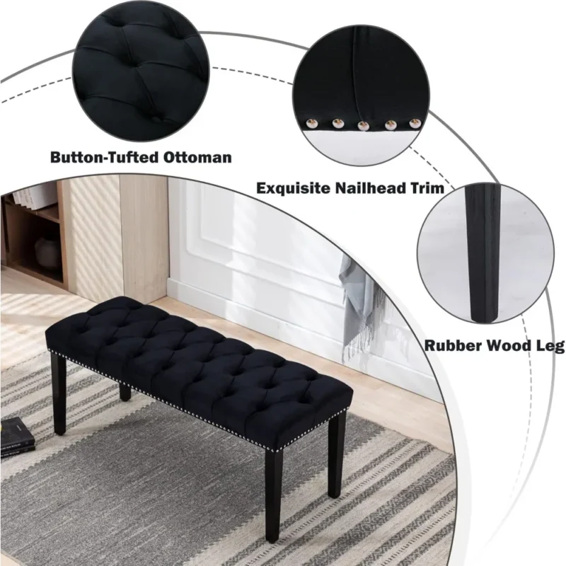 Modern Velvet Button-Tufted Ottoman Bench with Rubberwood Frame for Living Room and Entryway - Image 4