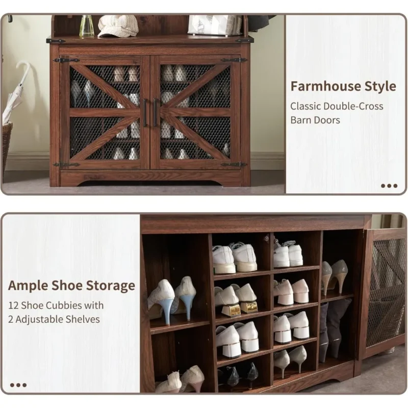 Farmhouse Wood Hall Tree with 12 Shoe Cubbies and 7 Coat Hooks for Entryway - Image 4