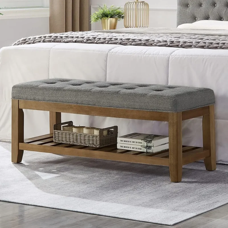 Modern Upholstered Entryway Bench with Storage Shelf for Living Room and Hallway - Image 9