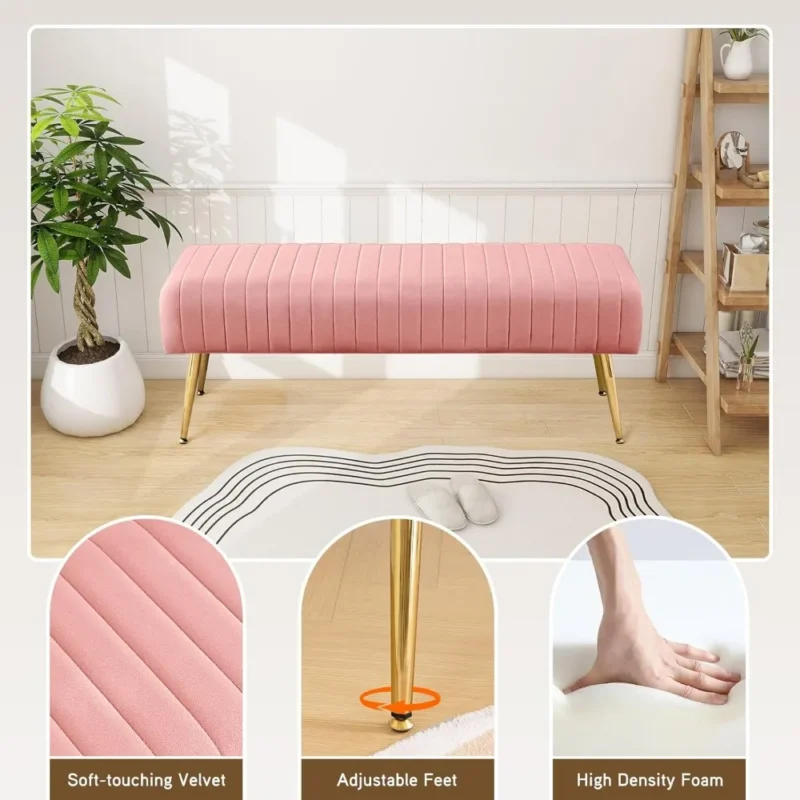 Modern Pink Velvet Ottoman Bench with Wooden Frame for Bedroom and Entryway - Image 6