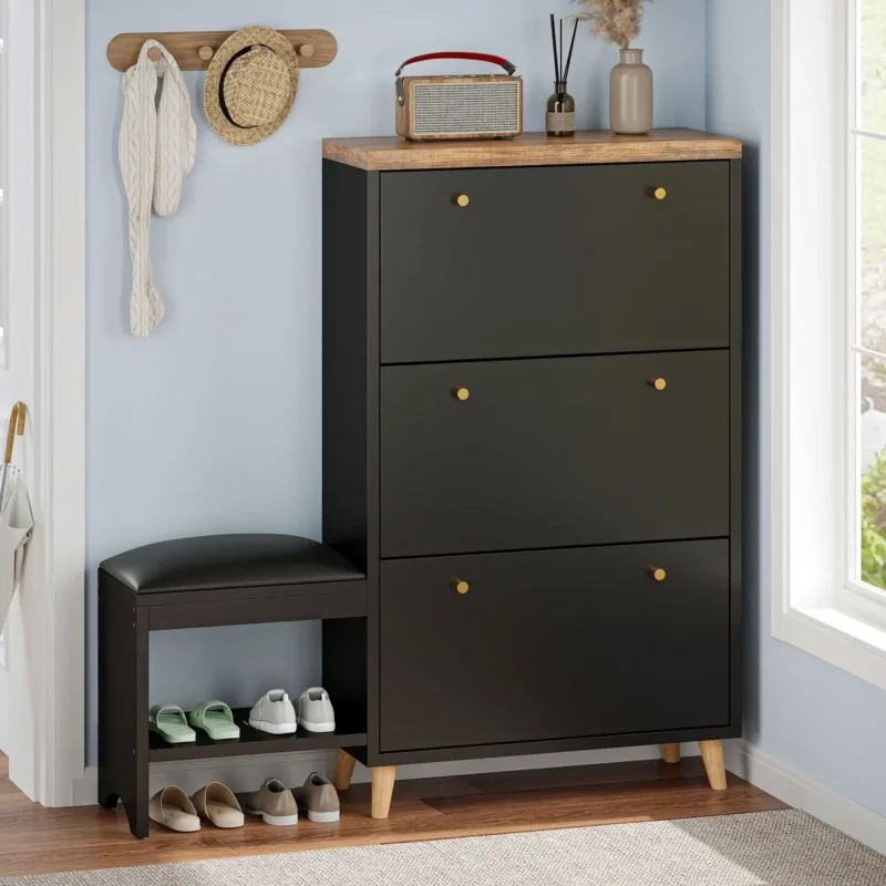 Modern Wooden Entryway Shoe Cabinet with Bench and 3 Flip Drawers for Hallway - Image 8
