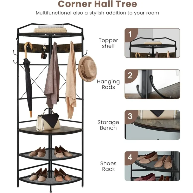 Modern Corner Hall Tree with Bench and Shoe Storage for Entryway Organization - Image 6