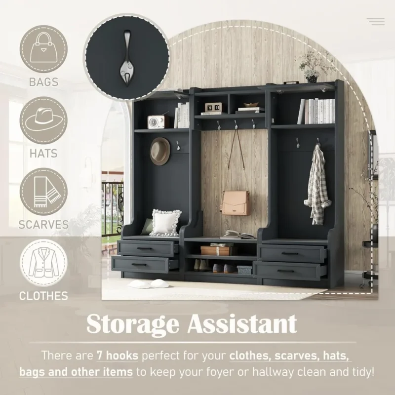Modern Dark Blue Entryway Hall Tree with Storage Bench and 7 Hooks for Mudroom - Image 4