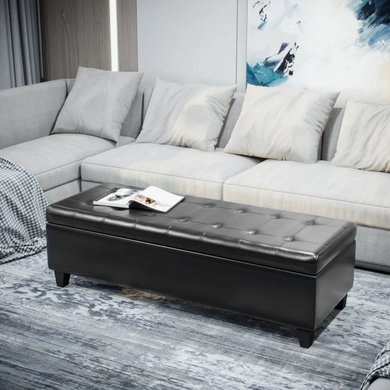 Modern Black Tufted Storage Ottoman Bench with Faux Leather Upholstery for Living Room - Image 2