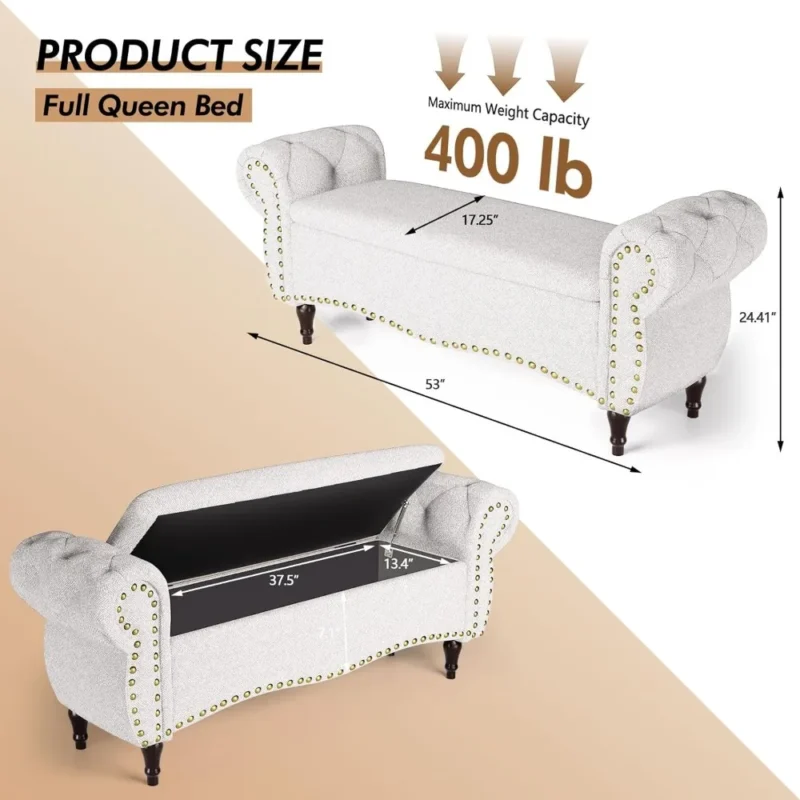 Modern Upholstered Storage Ottoman Bench with Rolled Arms for Living Room and Bedroom - Image 3