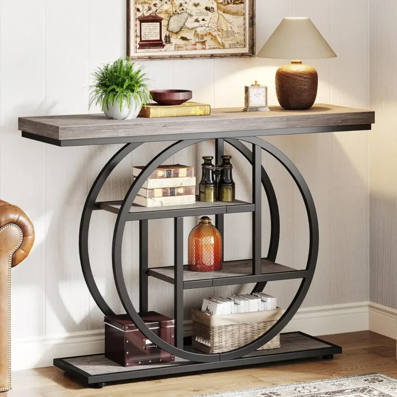 Industrial Wood Entryway Console Table with Storage Shelves and Metal Circle Base - Image 7