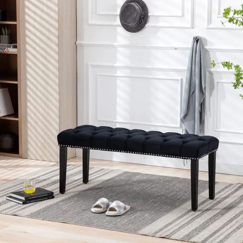 Modern Velvet Button-Tufted Ottoman Bench with Rubberwood Frame for Living Room and Entryway - Image 2