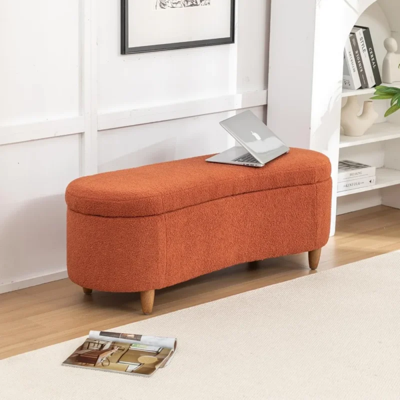 Modern Oval Storage Ottoman Bench with Teddy Fabric for Living Room and Bedroom