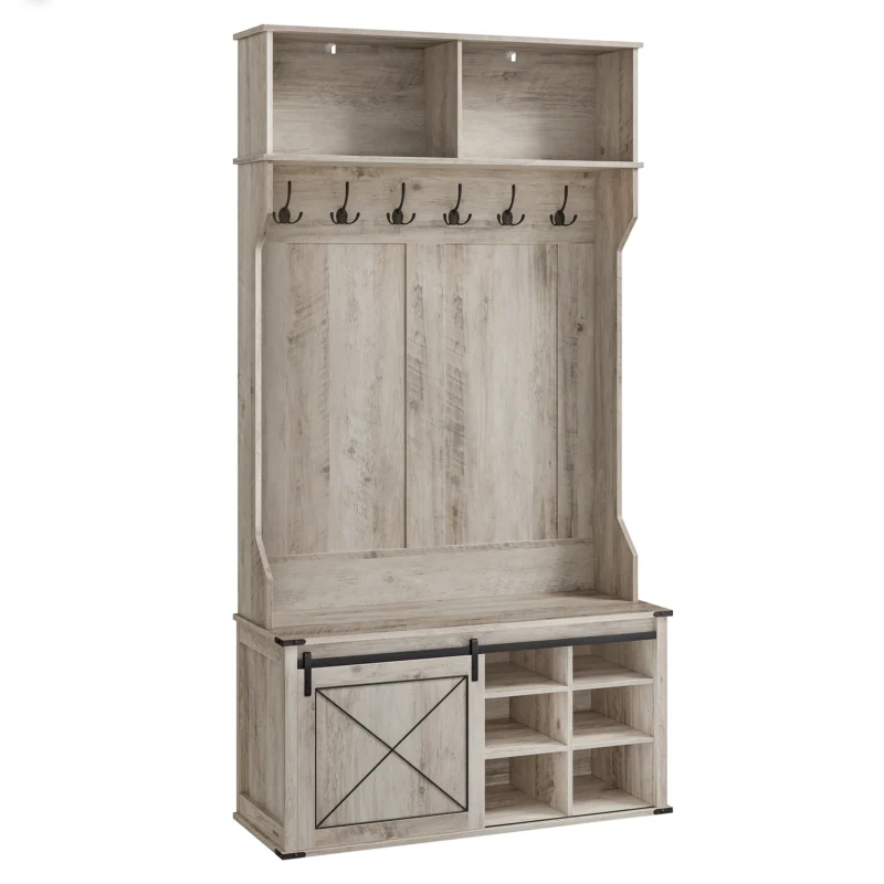 Industrial Hall Tree with Bench and 6 Coat Hooks for Entryway Organization