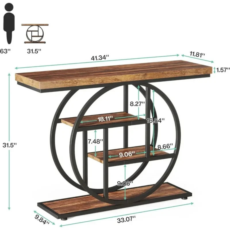 Industrial Wood Entryway Console Table with Storage Shelves and Metal Circle Base - Image 2