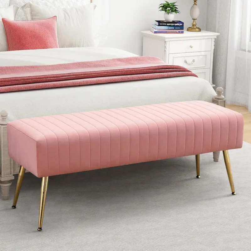 Modern Pink Velvet Ottoman Bench with Wooden Frame for Bedroom and Entryway - Image 2