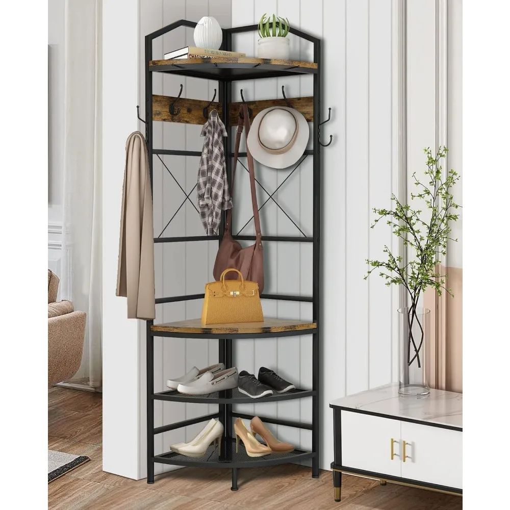 Corner hall tree with bench and shoe storage maximizing vertical entryway space