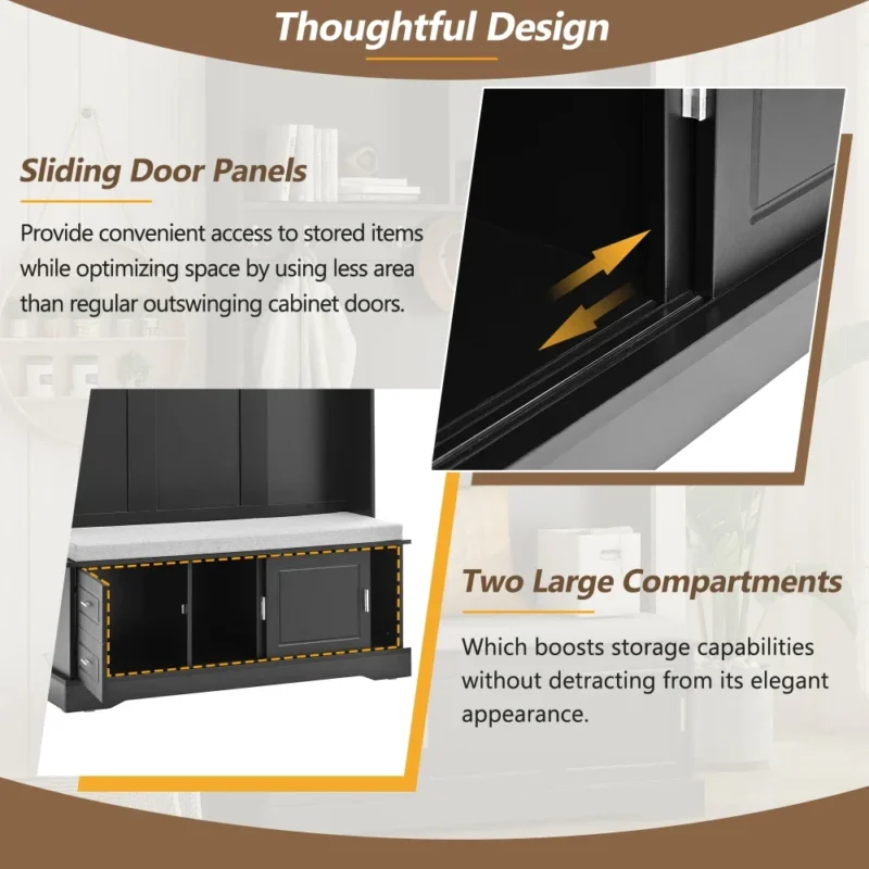 Farmhouse Hall Tree Entryway Bench with Sliding Doors and 6 Hooks for Mudroom - Image 4