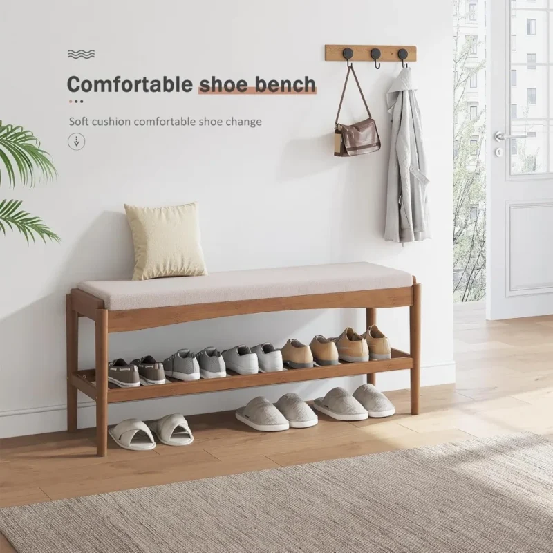 Natural Bamboo Entryway Bench with Cushioned Seat and 2-Tier Shoe Storage - Image 5