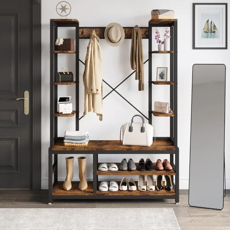 Industrial Wood Hall Tree with Bench and Shoe Storage for Entryway - Image 2
