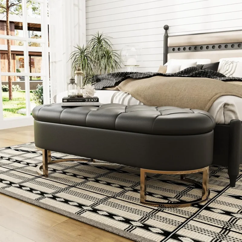 Modern Faux Leather Storage Ottoman Bench with Metal Legs for Entryway and Living Room - Image 7