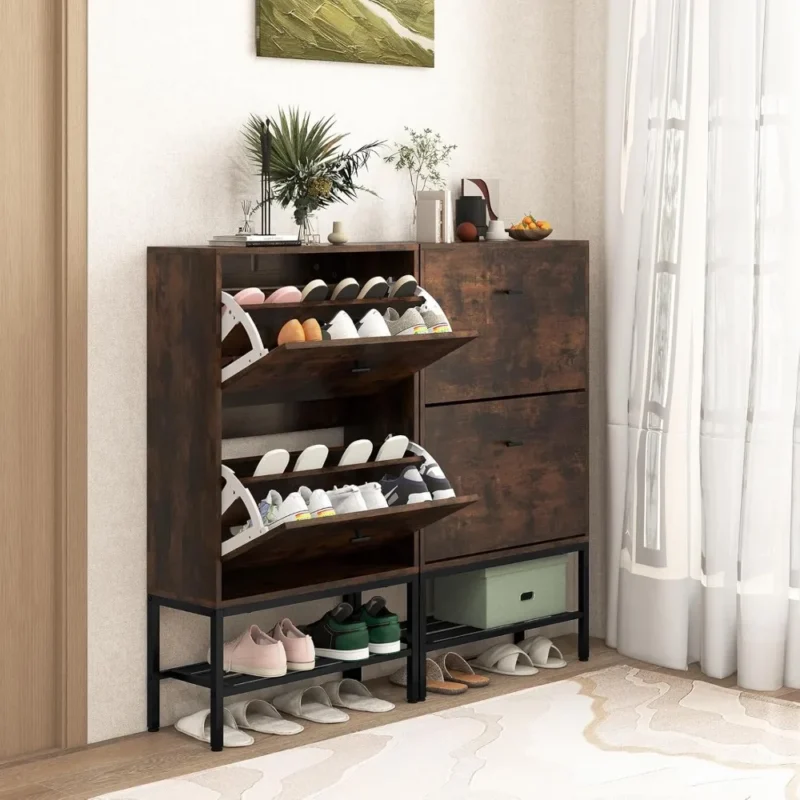 Rustic Wooden Shoe Storage Cabinet with 2 Flip Drawers for Entryway Organization - Image 3